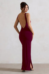 Berry Square Neck Maxi Dress with Plunge Back and Side Thigh Split
